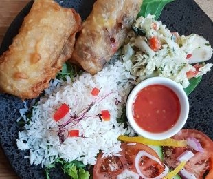 Na zdjęciu talerz, na nim Sajgonki z warzywami i kasztanem wodnym podane z ryżem, surówką, warzywami i sosem